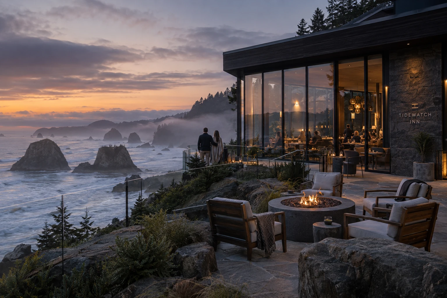 A modern glass inn on a rugged headland overlooking the sea