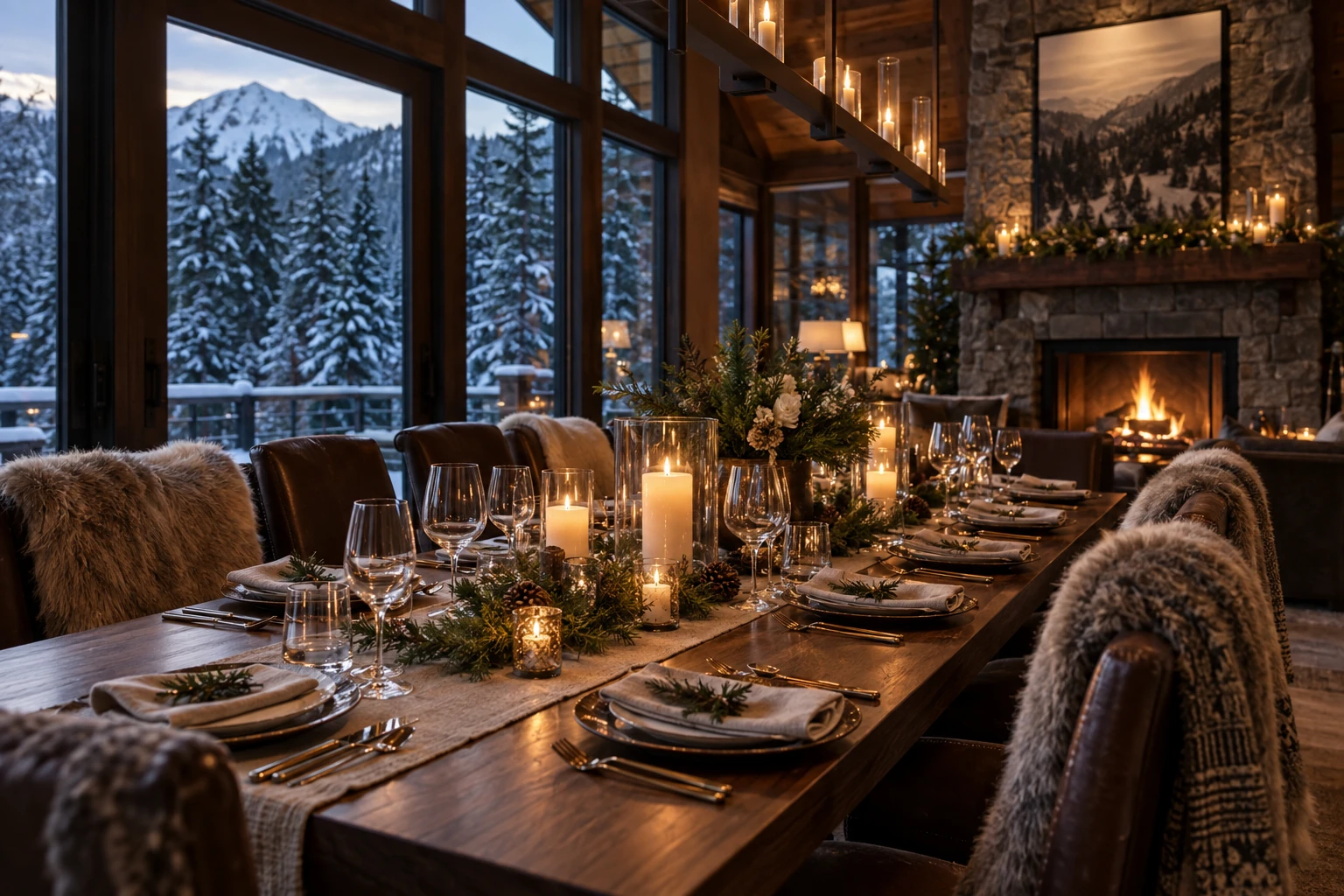 A candlelit dining room with a view of snow-dusted forest