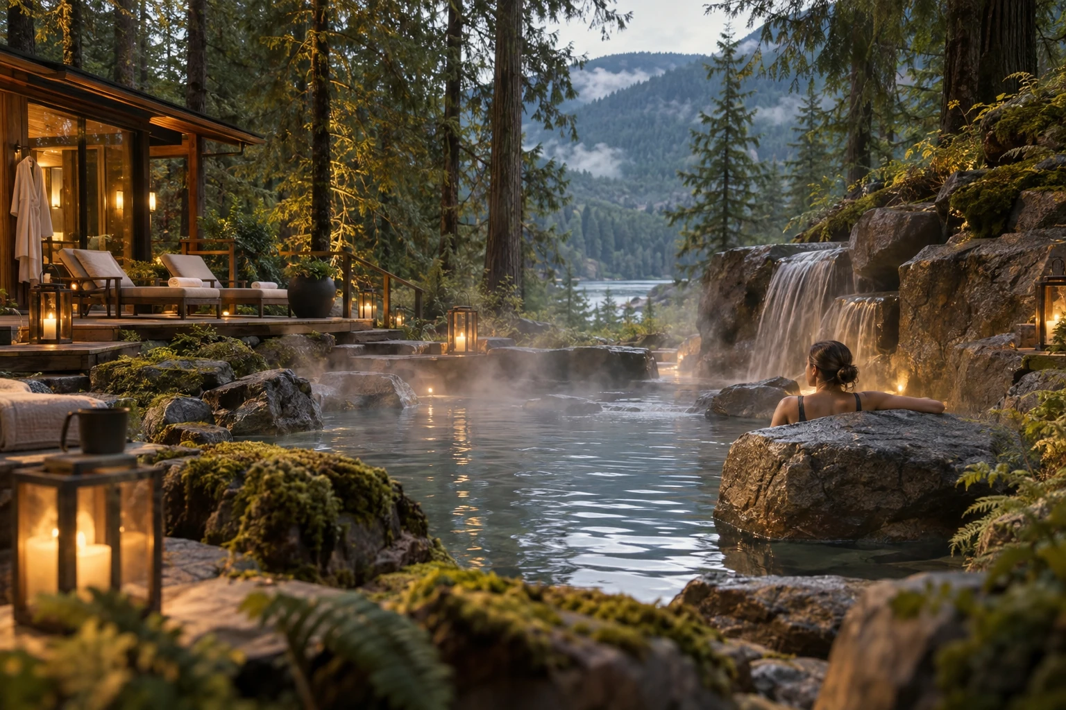 A stone hot-springs pool steaming among evergreen trees