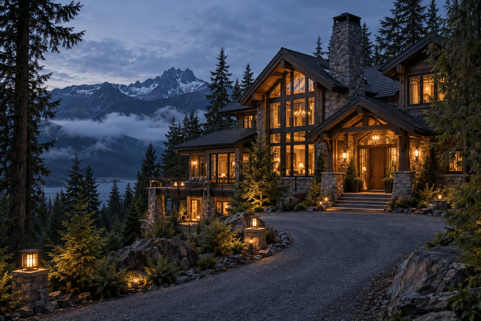 A timber-and-stone mountain lodge glowing at dusk in an evergreen forest